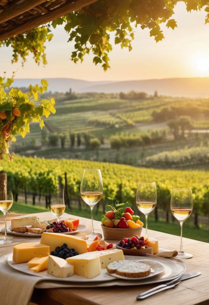 A beautifully set dining table outdoors, adorned with elegant wine glasses filled with different wine varieties, surrounded by a selection of gourmet cheeses and fresh fruits. In the background, a picturesque vineyard stretches under a sunset sky, casting warm golden hues. Soft fairy lights hang from nearby trees, creating an inviting atmosphere. The scene elicits a sense of luxury and relaxation, encouraging an elevated wine experience. super-realistic. warm colors. sunset backdrop.