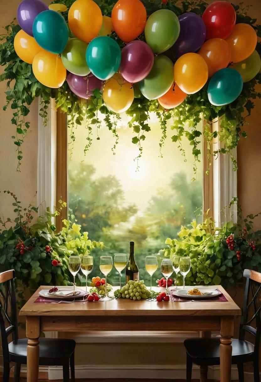 A beautifully arranged table covered with lush green grapevines and sparkling glasses filled with vibrant juices, capturing the essence of celebration. The background features soft, warm lighting symbolizing joy, with moments of laughter depicted through small illustrations of people toasting. A whimsical touch of colorful balloons floating above adds to the cheerful atmosphere. painting. vibrant colors. warm lighting.