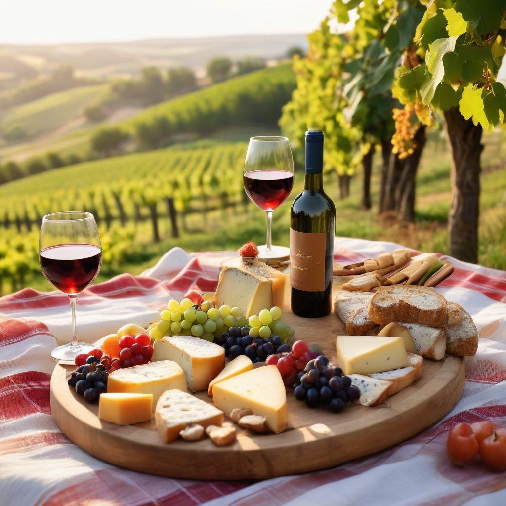 A whimsical vineyard scene with sun-soaked rolling hills, colorful grapevines, and a cheerful group of friends clinking wine glasses filled with sparkling red and white wine. Include a beautifully set picnic table adorned with artisanal cheese, fresh fruits, and rustic bread, all bathed in golden sunset light. The atmosphere should radiate joy and celebration, invoking the essence of wine culture. vibrant colors. super-realistic.